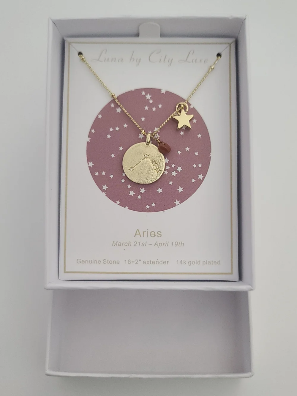 Gold Plated Aries Constellation Pendant Necklace with Star and Birthstone